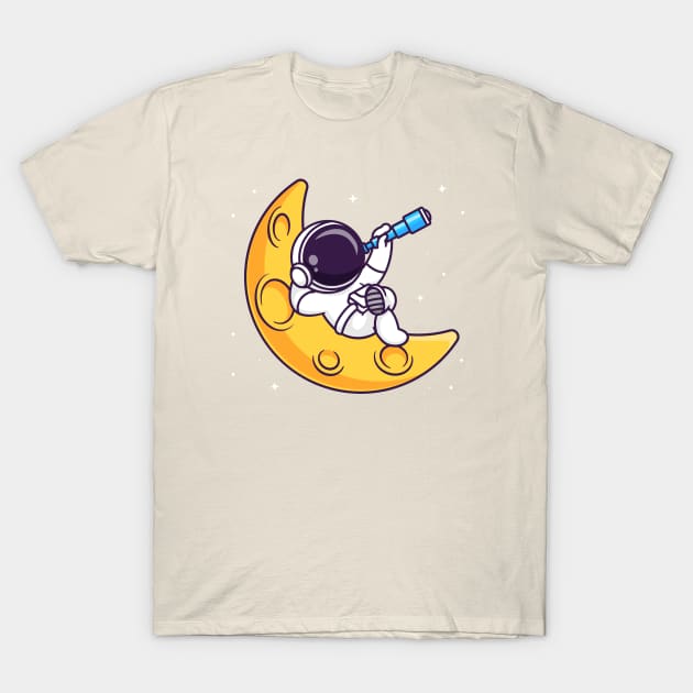 Cute Astronaut Looking Star With Telescope Cartoon T-Shirt by Catalyst Labs